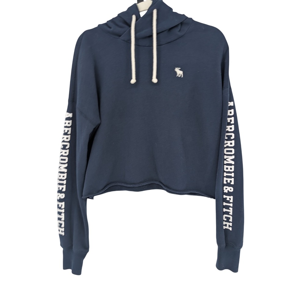 Abercrombie & Fitch Hoodie Womens XS Navy Blue Cropped Raw Hem Logo Y2K Prep